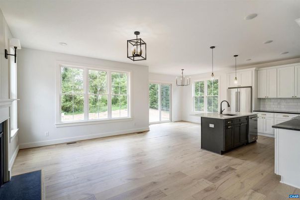 Fireplace, Interior, Kitchen, Pendant Lights, Recessed Lighting, Wood Texture Flooring