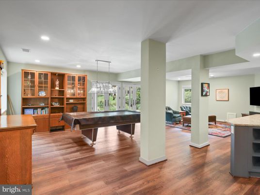 Billiard Table, Game Room, Interior, Pendant Lights, Recessed Lighting, Wood Texture Flooring