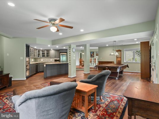 Billiard Table, Interior, Kitchen, Pendant Lights, Recessed Lighting, Stainless Steel Appliances, Wood Texture Flooring