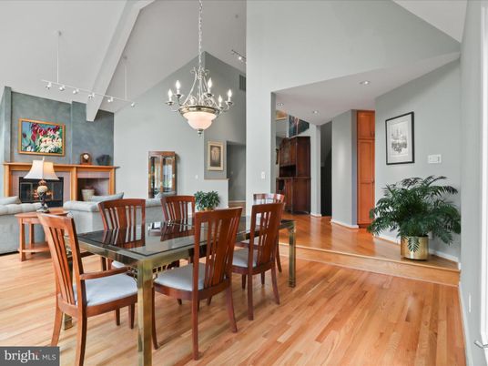 Chandelier, Dining room, Fireplace, Interior, Pendant Lights, Recessed Lighting, Wood Texture Flooring