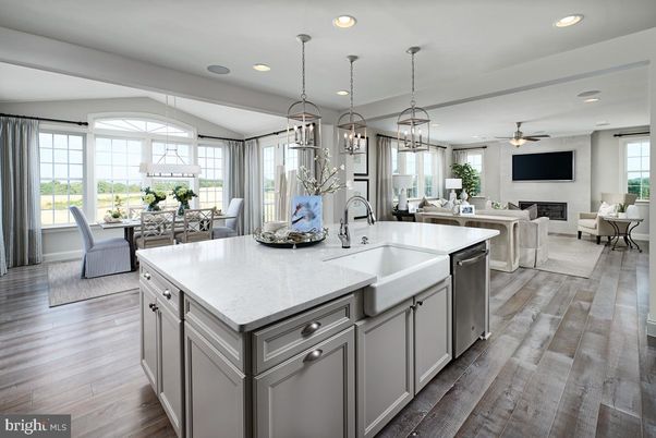 Dining room, Fireplace, Interior, Kitchen, Living room, Pendant Lights, Recessed Lighting, Stainless Steel Appliances, Wood Texture Flooring