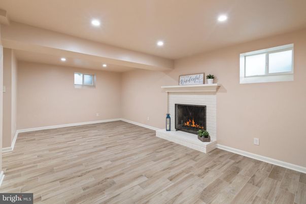 Empty room, Fireplace, Interior, Recessed Lighting, Wood Texture Flooring