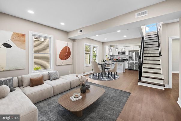 Dining room, Interior, Kitchen, Living room, Recessed Lighting, Stainless Steel Appliances, Wood Texture Flooring