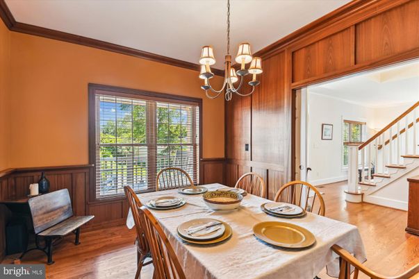 Chandelier, Dining room, Interior, Wood Texture Flooring
