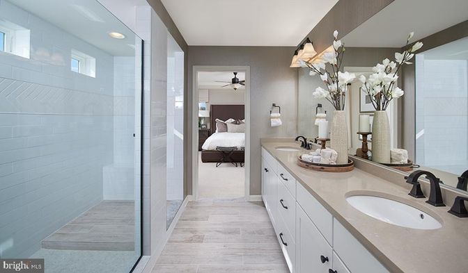 Bathroom, Bedroom, Dual Sink Vanities, Glass Shower, Interior, Recessed Lighting, Wood Texture Flooring