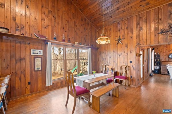 Dining room, Interior, Pendant Lights, Wooden Ceilings, Wood Texture Flooring, Wooden Walls