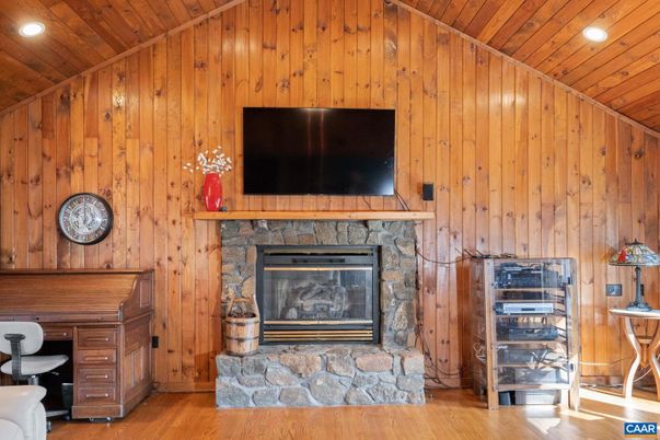 Fireplace, Interior, Recessed Lighting, Wooden Ceilings, Wood Texture Flooring, Wooden Walls