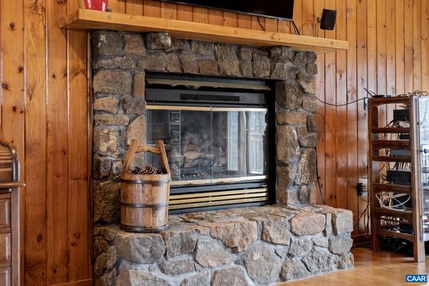 Fireplace, Interior, Stone Walls, Wood Texture Flooring, Wooden Walls