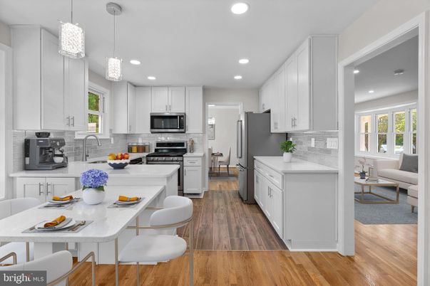 Interior, Kitchen, Pendant Lights, Recessed Lighting, Stainless Steel Appliances, Wood Texture Flooring