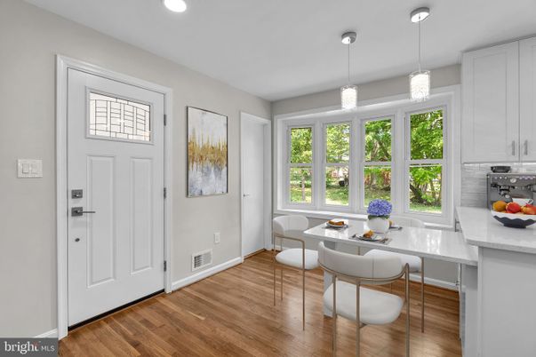 Dining room, Interior, Pendant Lights, Recessed Lighting, Wood Texture Flooring