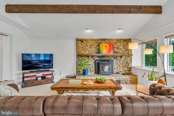 Fireplace, Interior, Living room, Recessed Lighting, Stone Walls