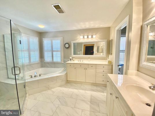 Bathroom, Dual Sink Vanities, Glass Shower, Interior, Marble, Recessed Lighting
