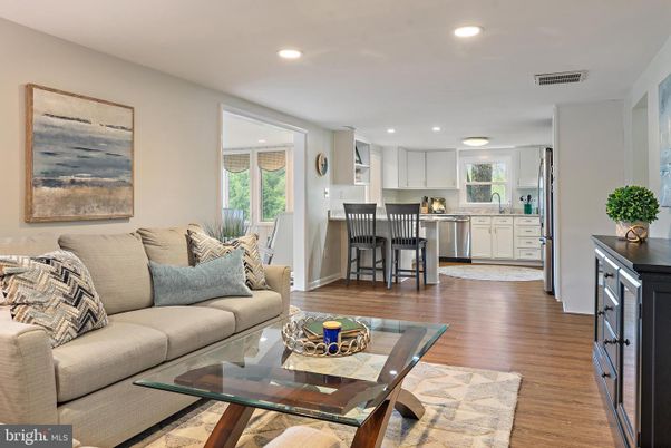Dining room, Interior, Kitchen, Living room, Recessed Lighting, Stainless Steel Appliances, Wood Texture Flooring