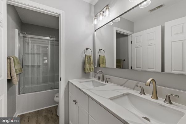 Bathroom, Dual Sink Vanities, Glass Shower, Interior, Wood Texture Flooring