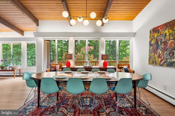 Dining room, Interior, Pendant Lights, Wooden Beams, Wooden Ceilings, Wood Texture Flooring