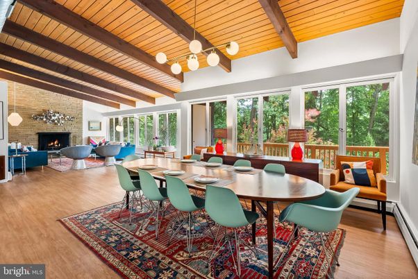 Dining room, Fireplace, Interior, Living room, Pendant Lights, Stone Walls, Wooden Beams, Wooden Ceilings, Wood Texture Flooring
