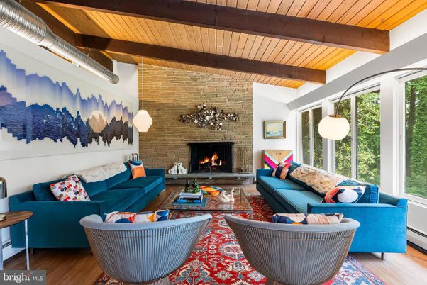 Fireplace, Interior, Living room, Pendant Lights, Stone Walls, Wooden Beams, Wooden Ceilings, Wood Texture Flooring
