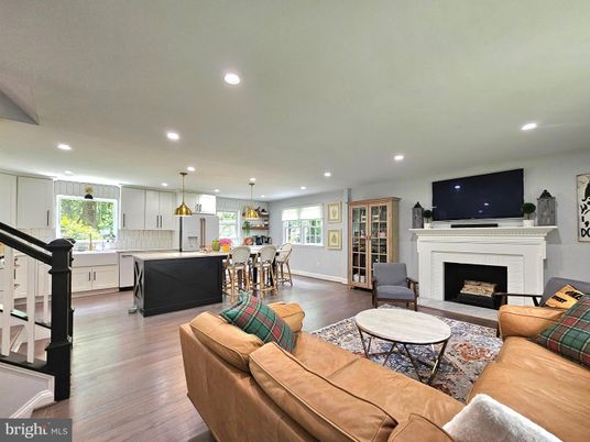 Dining room, Fireplace, Interior, Kitchen, Living room, Pendant Lights, Recessed Lighting, Wood Texture Flooring