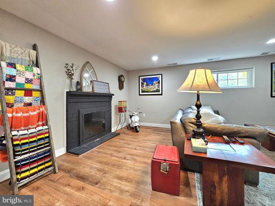 Fireplace, Home Office, Interior, Recessed Lighting, Wood Texture Flooring