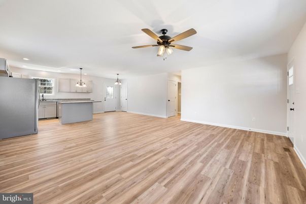 Empty room, Interior, Kitchen, Pendant Lights, Recessed Lighting, Wood Texture Flooring