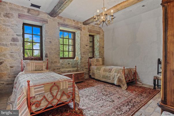 Bedroom, Chandelier, Interior, Stone Walls, Wooden Beams