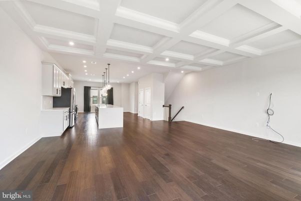 Empty room, Interior, Kitchen, Pendant Lights, Recessed Lighting, Wood Texture Flooring