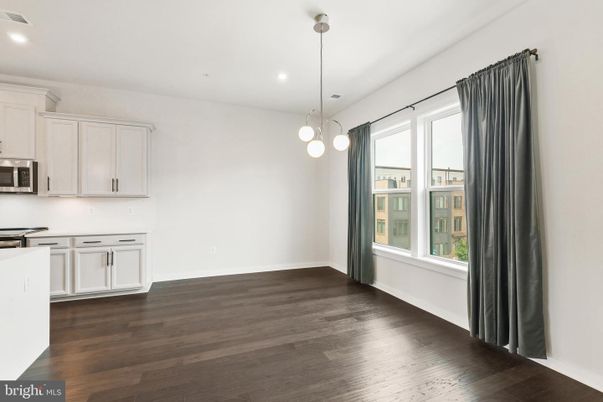 Empty room, Interior, Kitchen, Pendant Lights, Recessed Lighting, Wood Texture Flooring