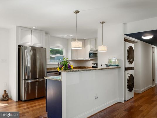 Interior, Kitchen, Pendant Lights, Recessed Lighting, Stainless Steel Appliances, Washer, Wood Texture Flooring