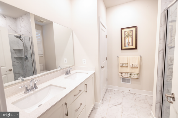 Bathroom, Dual Sink Vanities, Glass Shower, Interior, Marble, Marble Walls