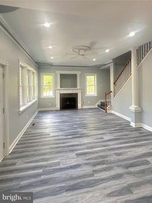 Empty room, Fireplace, Interior, Recessed Lighting, Wood Texture Flooring