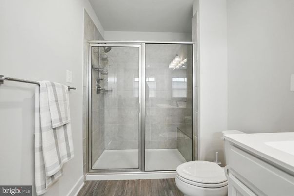 Bathroom, Glass Shower, Interior, Wood Texture Flooring