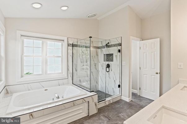 Bathroom, Glass Shower, Interior, Marble Walls, Recessed Lighting