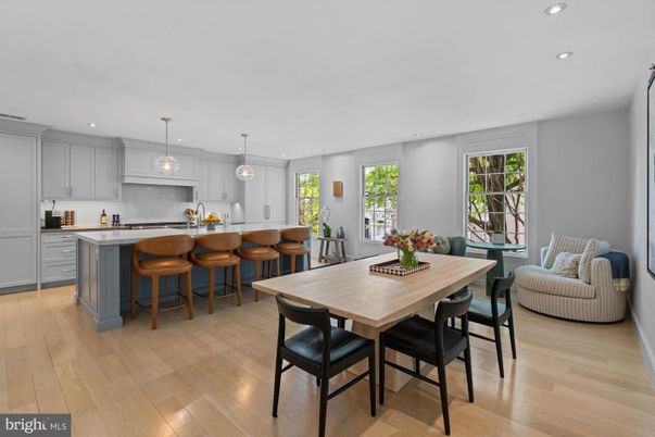 Dining room, Interior, Kitchen, Pendant Lights, Recessed Lighting, Wood Texture Flooring