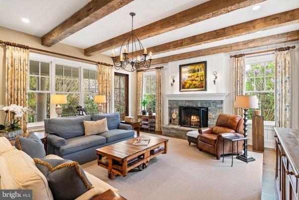 Chandelier, Fireplace, Interior, Living room, Recessed Lighting, Wooden Beams
