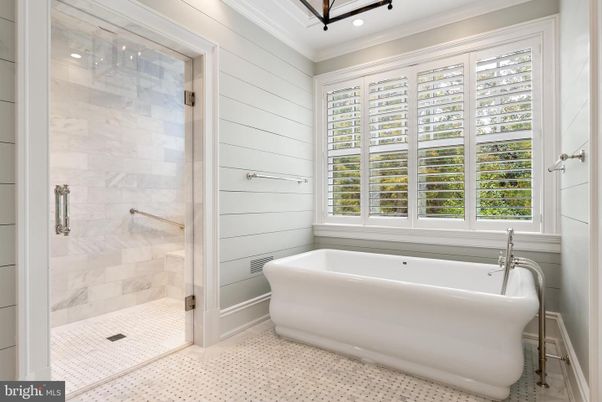 Bathroom, Free Standing Baths, Glass Shower, Interior, Marble Walls