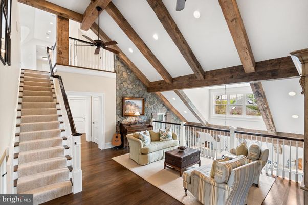 Fireplace, Interior, Living room, Recessed Lighting, Stone Walls, Wooden Beams, Wood Texture Flooring