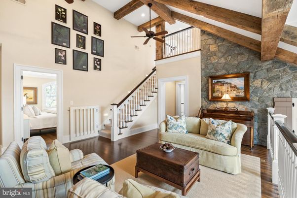 Bedroom, Interior, Living room, Recessed Lighting, Stone Walls, Wooden Beams, Wood Texture Flooring