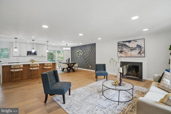 Dining room, Fireplace, Interior, Kitchen, Living room, Pendant Lights, Recessed Lighting, Wood Texture Flooring