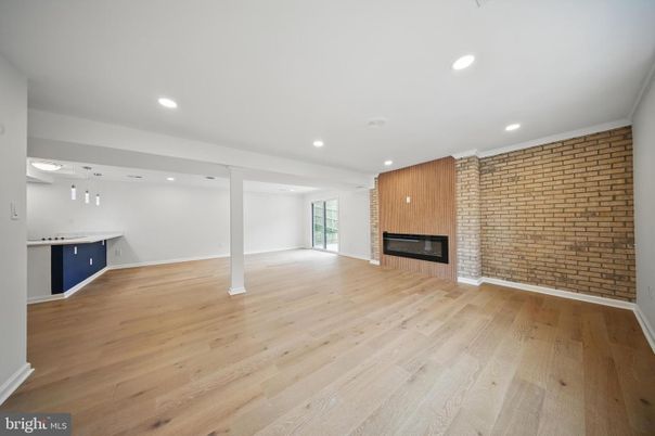 Empty room, Fireplace, Interior, Pendant Lights, Recessed Lighting, Wood Texture Flooring