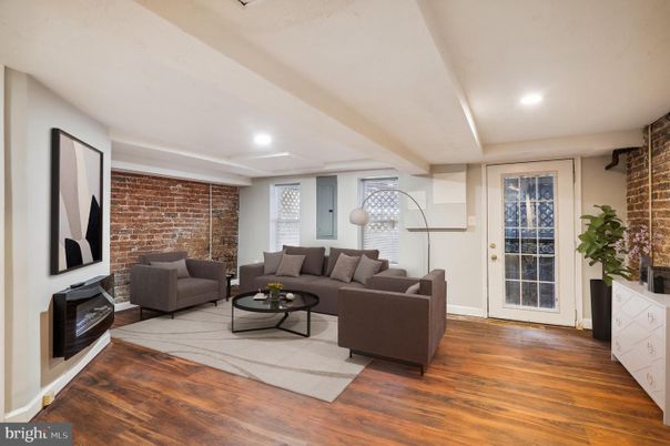 Interior, Living room, Recessed Lighting, Stone Walls, Wood Texture Flooring