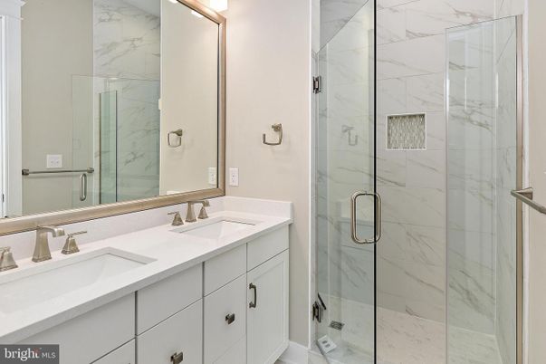 Bathroom, Dual Sink Vanities, Glass Shower, Interior, Marble Walls