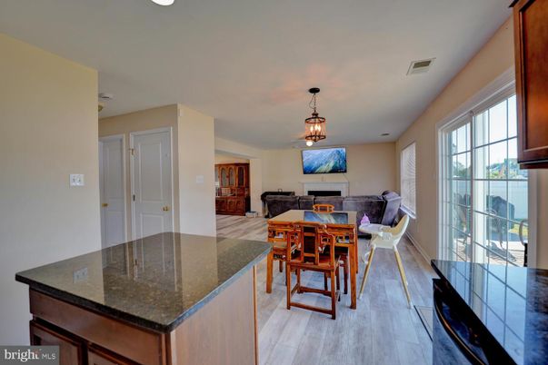 Dining room, Fireplace, Interior, Pendant Lights, Wood Texture Flooring