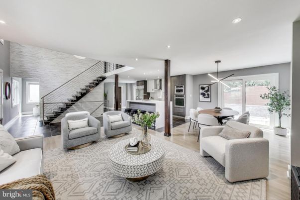 Dining room, Interior, Kitchen, Living room, Pendant Lights, Recessed Lighting, Stainless Steel Appliances, Wood Texture Flooring