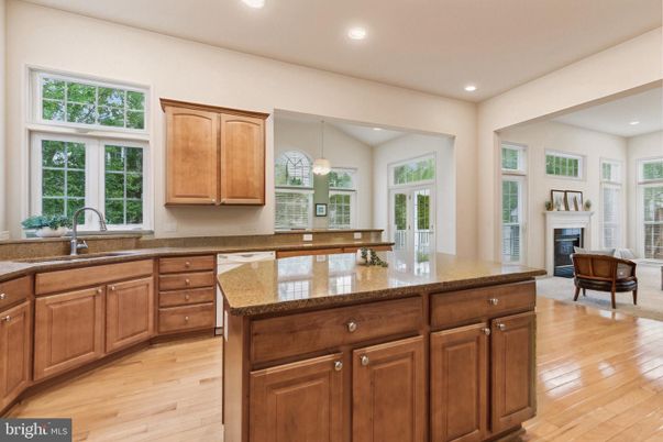 Fireplace, Interior, Kitchen, Pendant Lights, Recessed Lighting, Wood Texture Flooring