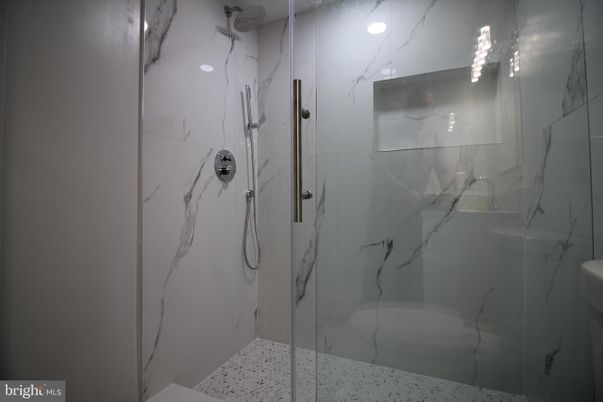 Bathroom, Glass Shower, Interior, Marble Walls, Recessed Lighting