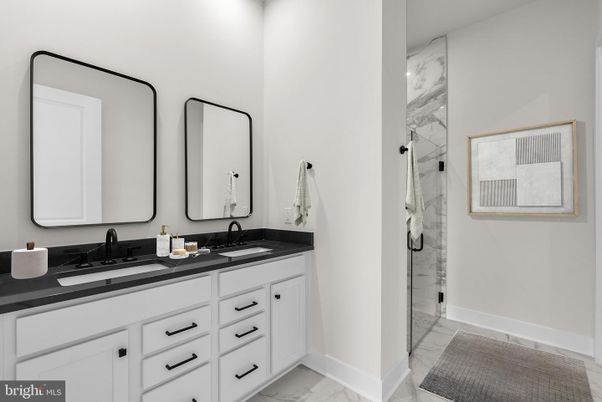 Bathroom, Dual Sink Vanities, Glass Shower, Interior, Marble, Marble Walls