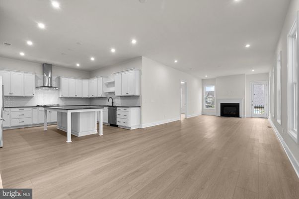Fireplace, Interior, Kitchen, Recessed Lighting, Wood Texture Flooring