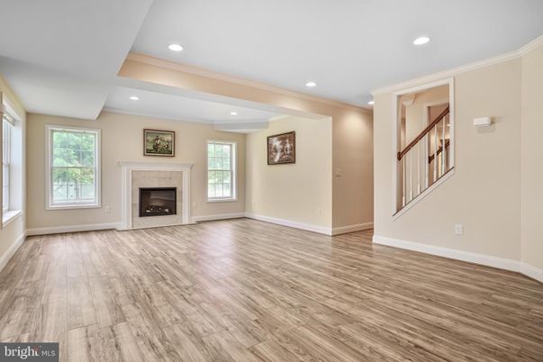 Empty room, Fireplace, Interior, Recessed Lighting, Wood Texture Flooring