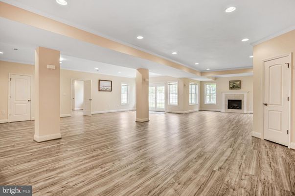 Empty room, Fireplace, Interior, Recessed Lighting, Wood Texture Flooring