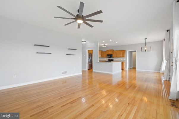 Empty room, Interior, Kitchen, Pendant Lights, Recessed Lighting, Wood Texture Flooring